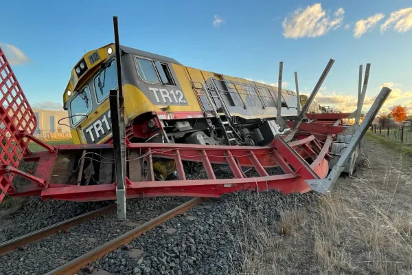 Derailed TasRail locomotive after collision at Marriott Street, Wesbury, Tasmania