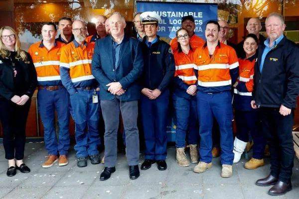 TasRail team members with Scott Tilyard from RSAC and Acting Inspector Nathan Johnson at the launch of What's It going to Take?