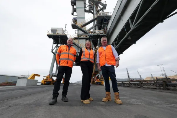 TasRail CEO Steven Dietrich with Australian Minister for Infrastructure Catherine King and Tasmanian Premier Jeremy Rockliff
